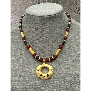 Inca Necklace Glass Beads Gold Tone Beads 17”